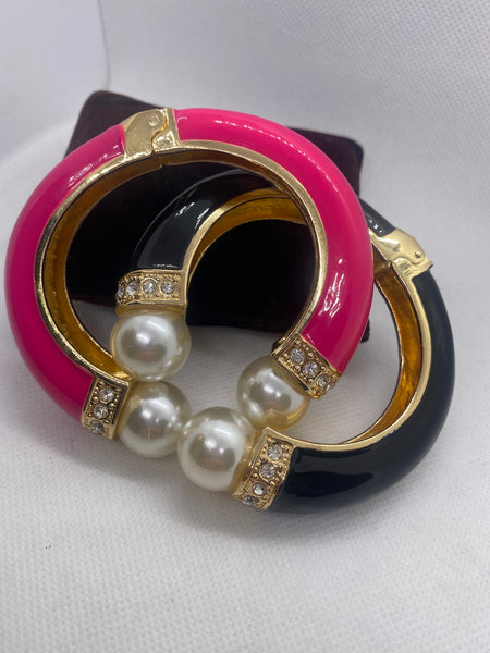Pink Enamel Hinge Pearl Ends Bangle Bracelet