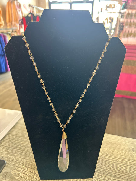 Teardrop Smoky Crystal Pendant Beaded Necklace