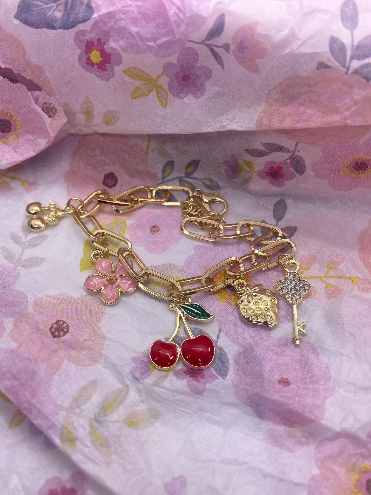 Five Charm Cherry Rhinestone Paperclip Paper clip Bracelet