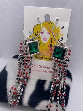 Custom Made Green Base w Red Stones Rhinestone Earrings