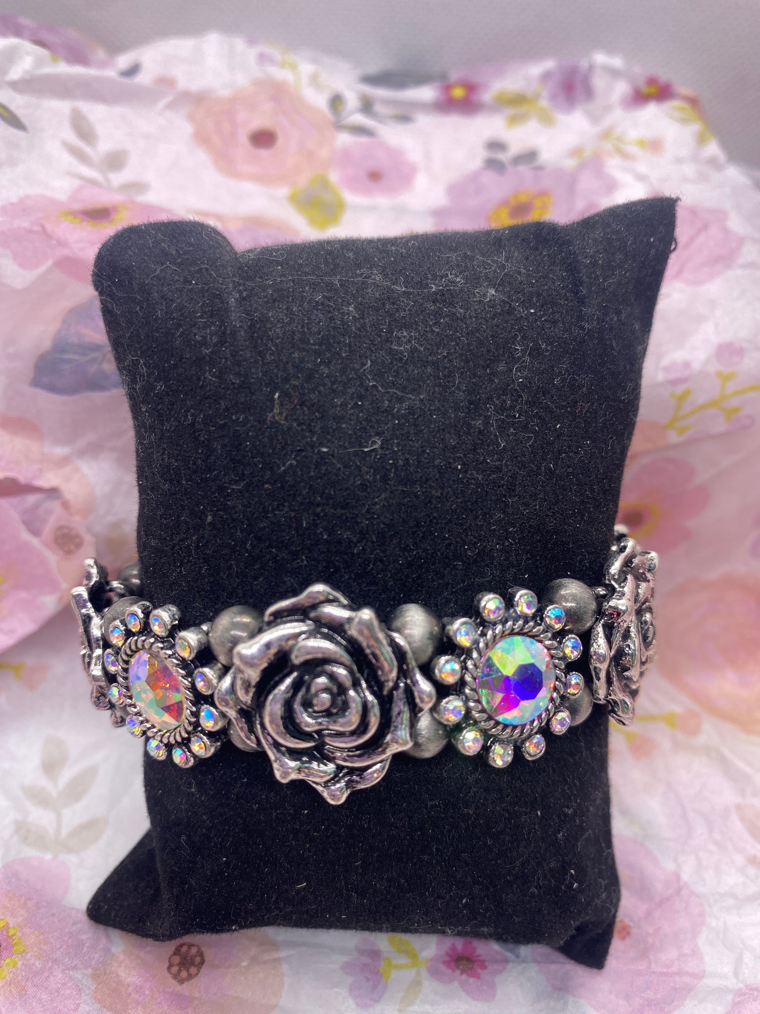 Silver Rosette AB Crystal Stretch Bracelet