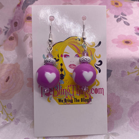 Lilac Ball Dangle with white Hearts Earrings