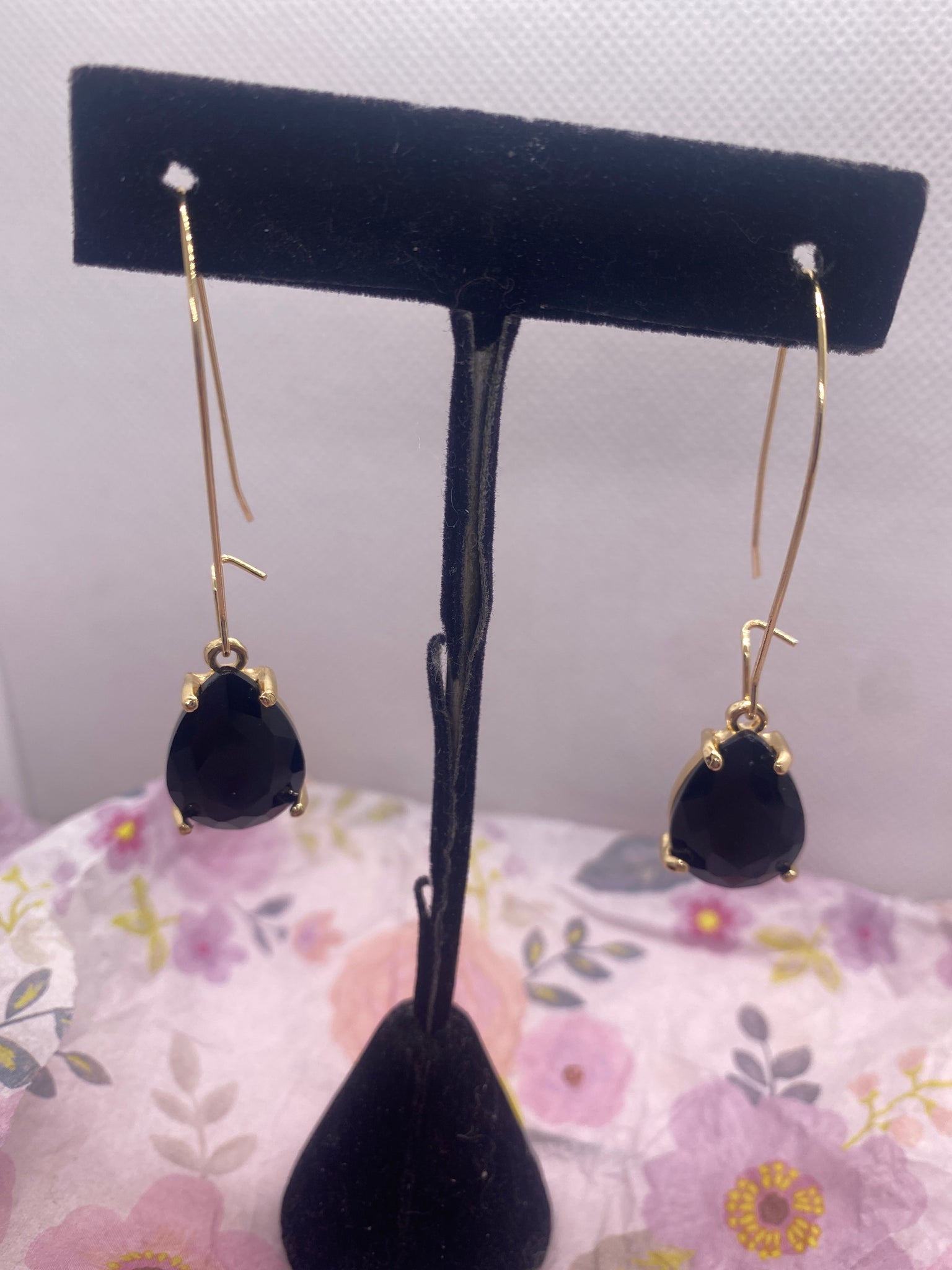 Gold Tone Black Teardrop Earrings