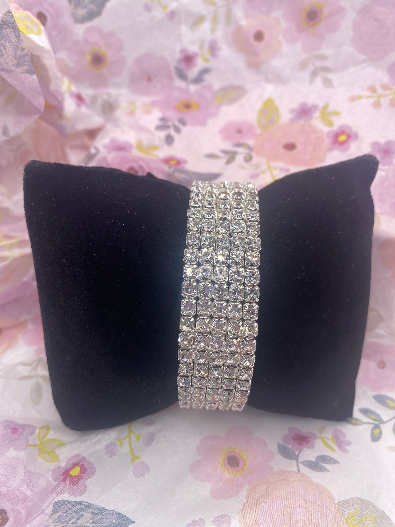 Five Row Crystal Rhinestones Bangle Cuff Bracelet Clear Base