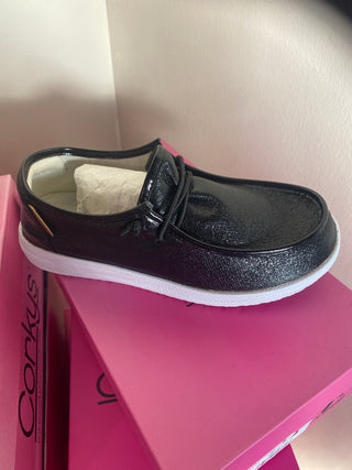 Corkys Slip On Kayak Black Crinkle Metallic Shoe