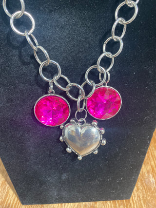 Custom Three Charm Heart Fuschia 24 inch Necklace