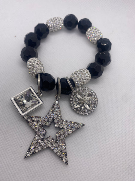 Custom Star Three Charm Stretch Black Bauble Bracelet