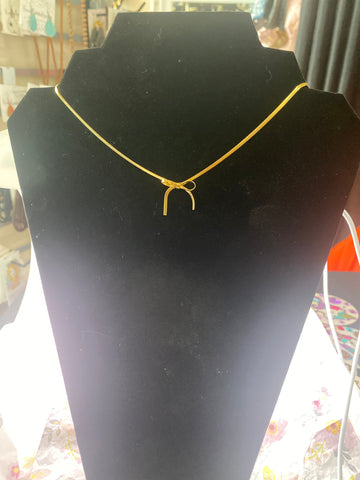 Gold Tone Choker Length Ribbon Bow Necklace