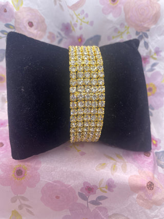 Five Row Crystal Rhinestones Bangle Cuff Bracelet Gold Tone Base