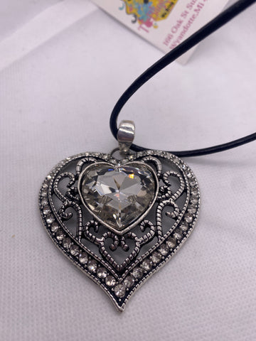 36 inch Crystal Heart Silver Necklace w Rhinestones