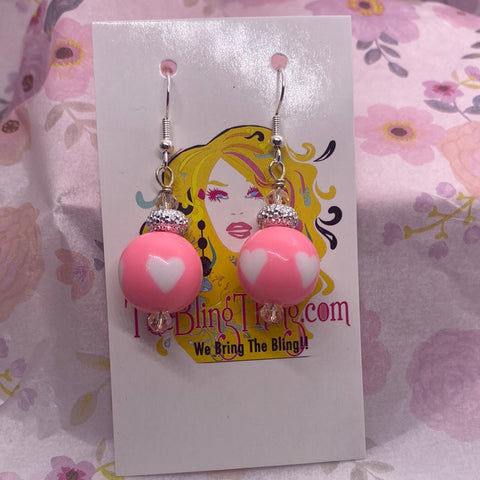 Baby Doll Pink Ball Dangle with white Hearts Earrings