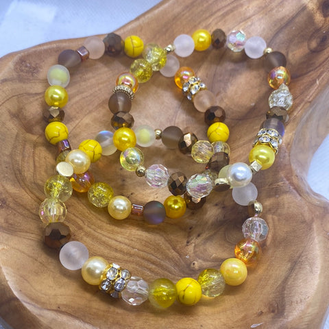 Shades of Brown Yellow Clear Stretch Bead Bracelet