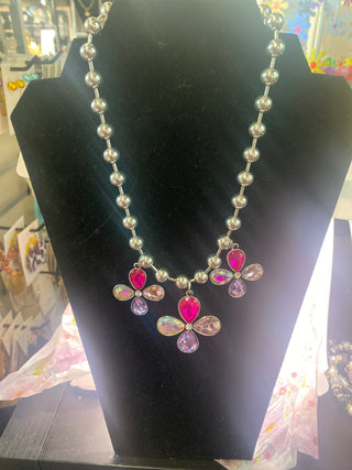Custom Silver Ball Choker Style Three Daisy Flower Necklace w Clear Fuschia Purple Pink