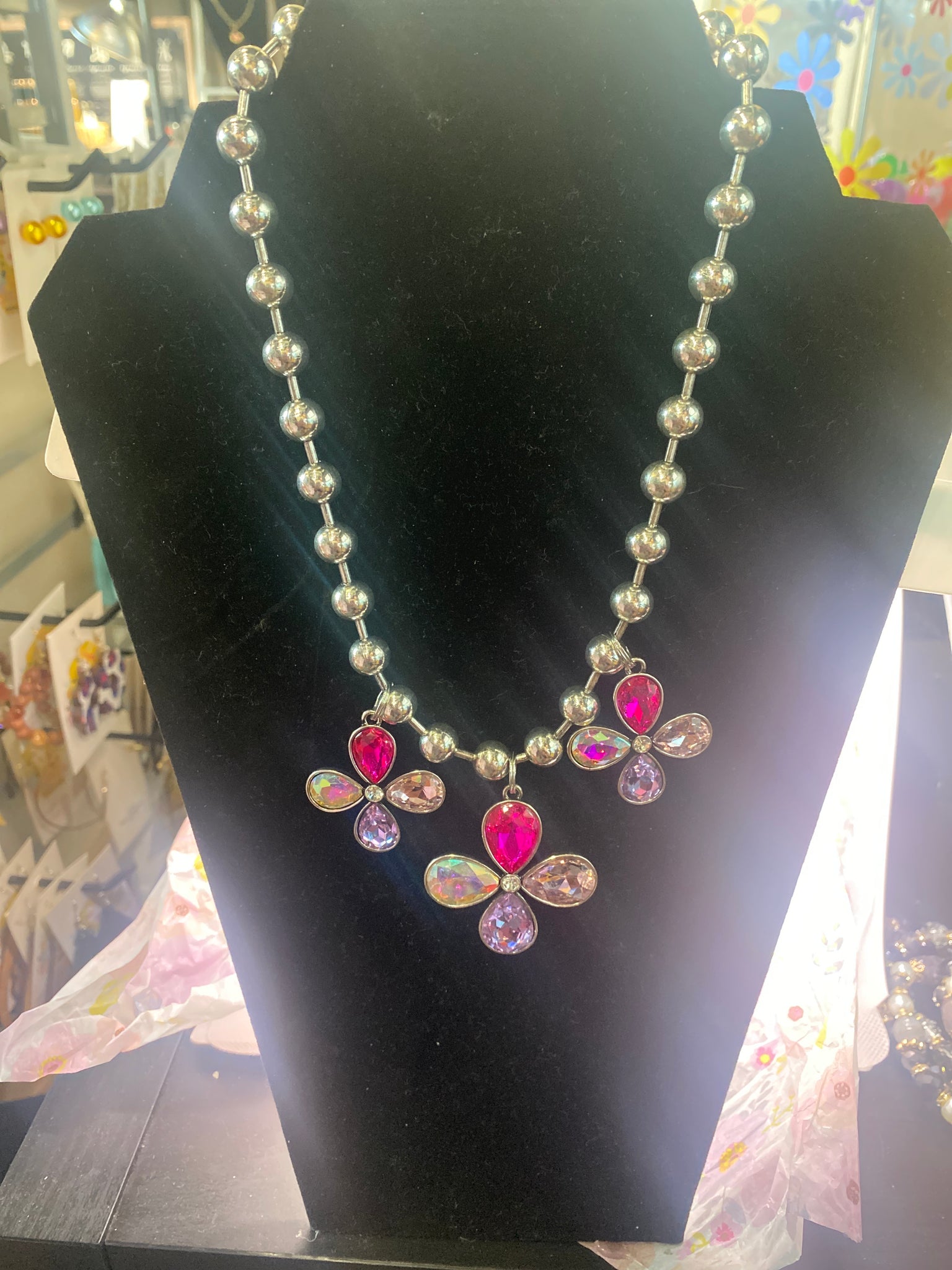 Custom Silver Ball Choker Style Three Daisy Flower Necklace w Clear Fuschia Purple Pink