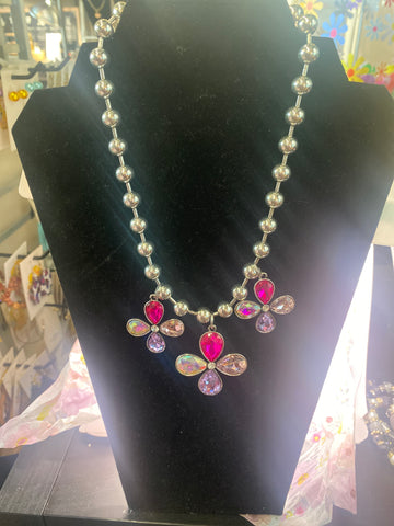 Custom Silver Ball Choker Style Three Daisy Flower Necklace w Clear Fuschia Purple Pink