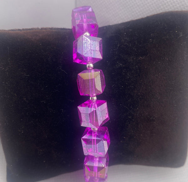 Fuchsia Pink Glass Cube Bracelet w Magnetic closure