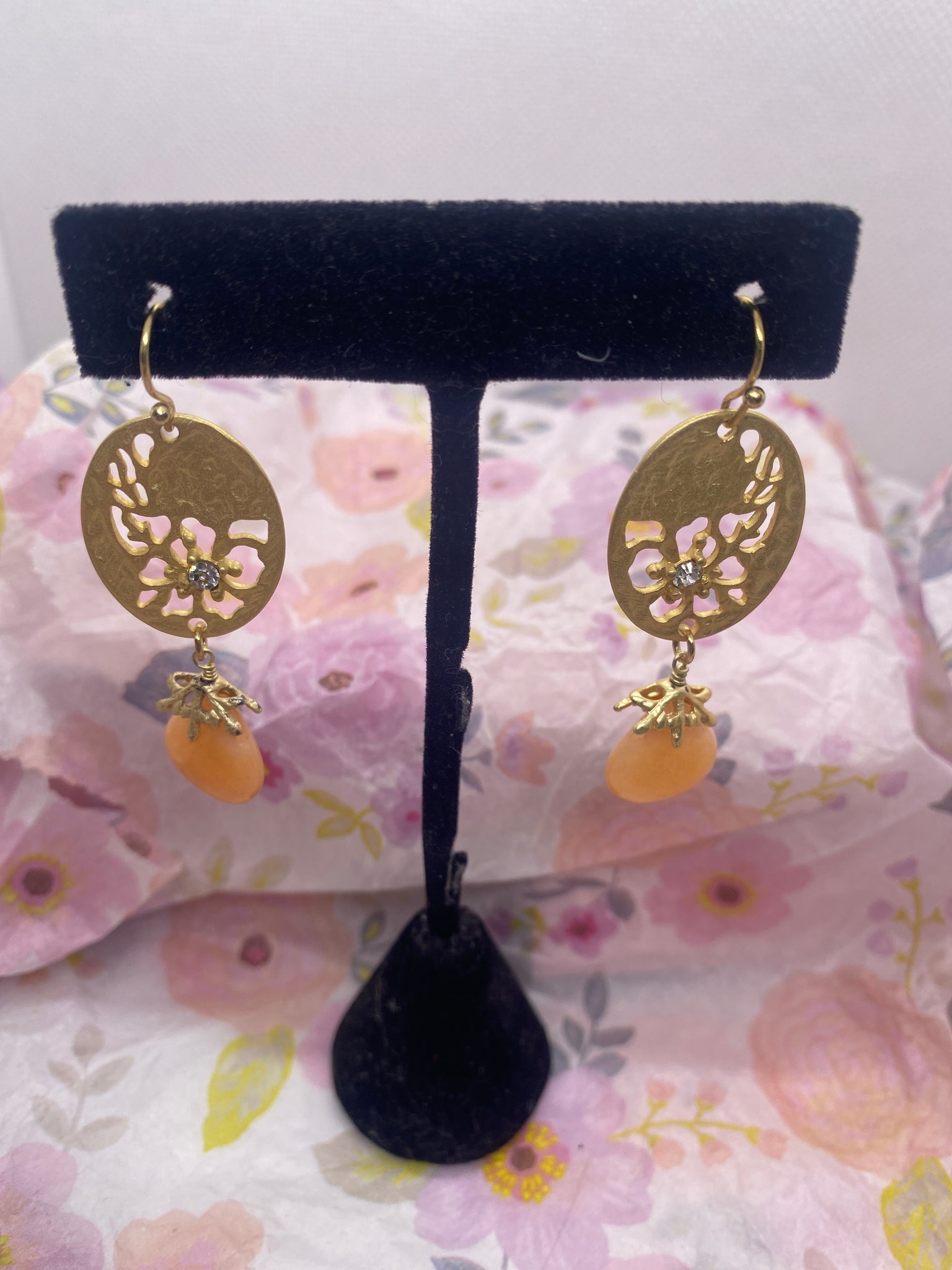 Gold Tone Peach Stone Dangle Earrings