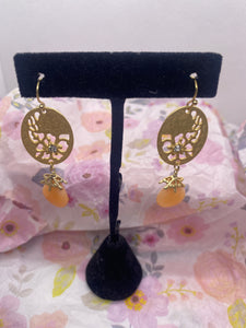 Gold Tone Peach Stone Dangle Earrings