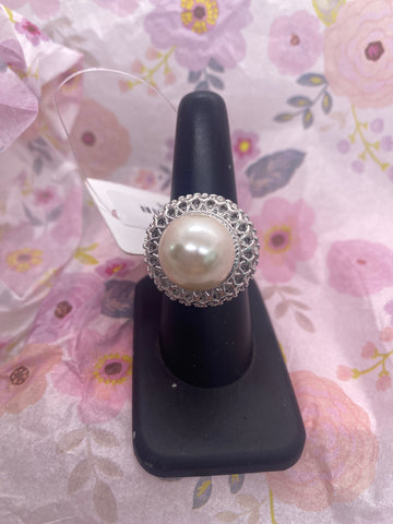 Faux Pearl Silver Tone Ring Size 8