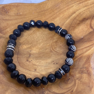 Set of Three Black Silver Stretch Bead Bracelets