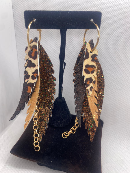 Randans Custom Leopard Print Brown Glitter Feather Hoop Earrings