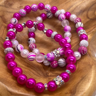 Set of Three Shades Of Pink White Black Stretch Bead Bracelets