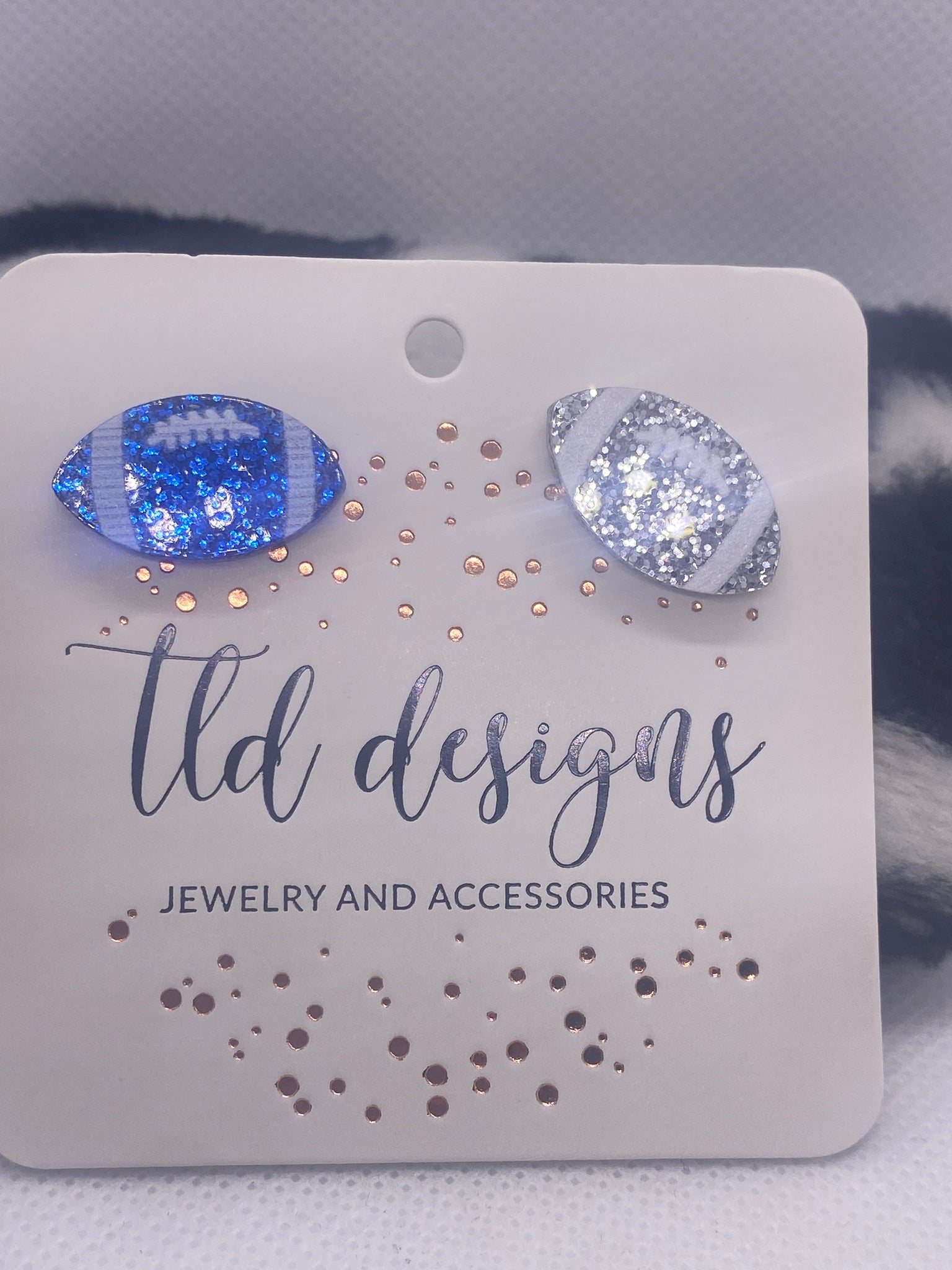Small Glitter Royal Blue Silver Acrylic Football Earrings