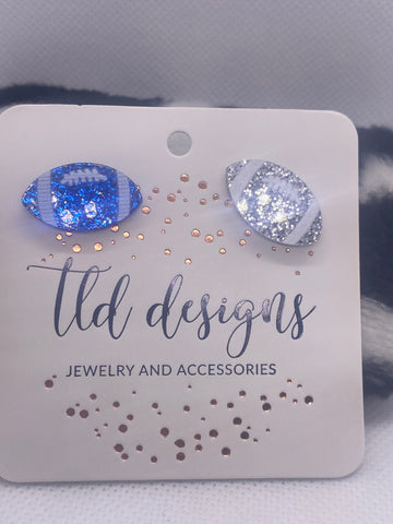 Small Glitter Royal Blue Silver Acrylic Football Earrings