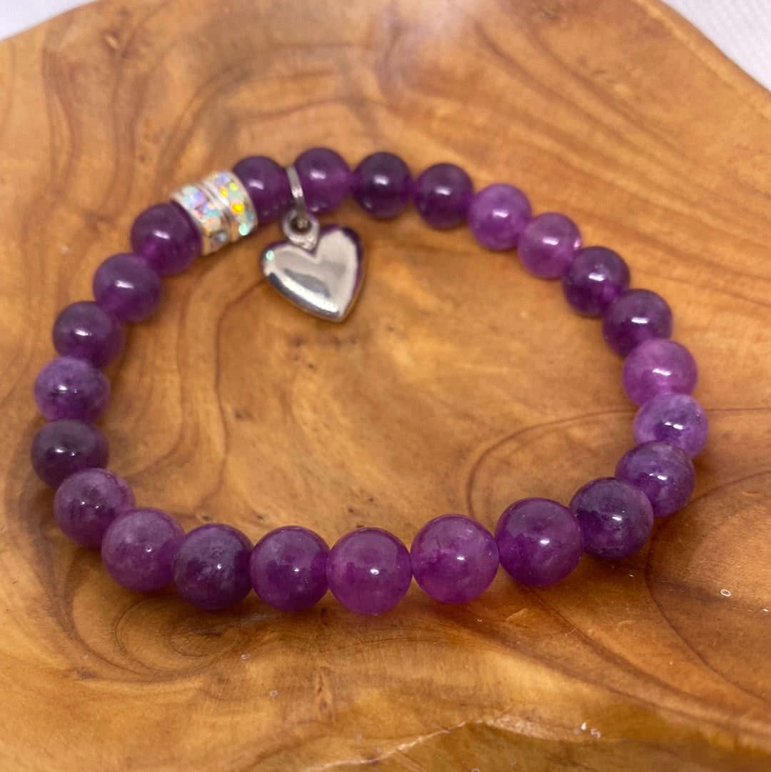 Purple Round Bead with Silver Heart Dangle Stretch Bracelet