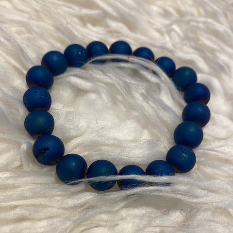 Blue Druzy Agate Round Stretch Bead Bracelet
