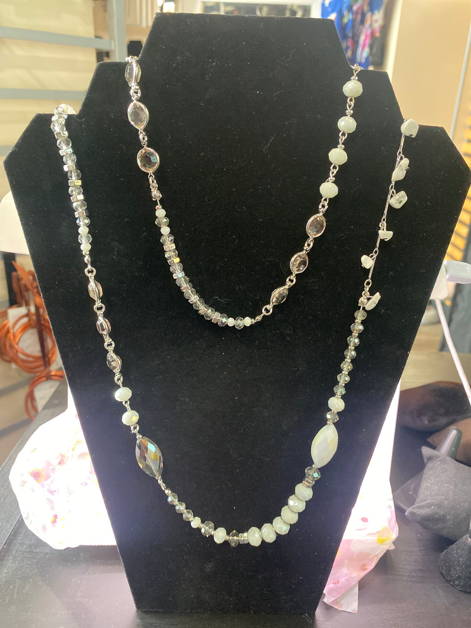 White Silver Rondelle Bead 48 inch Necklace