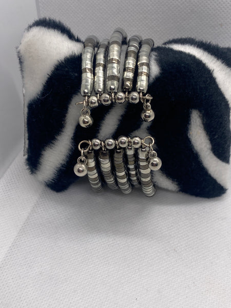 Silver Black Beaded Bangle Cuff Bracelet