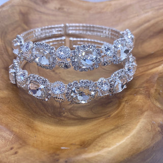 Square Crystal Silver Rhinestone Stretch Cuff Bracelet