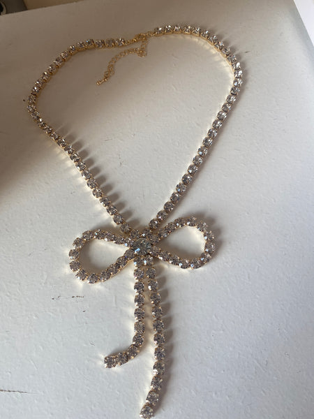 16 Inch large Rhinestone Bow Statement Necklace