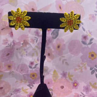 Yellow Rhinestone Daisy Flowers Orange Center Post Earrings