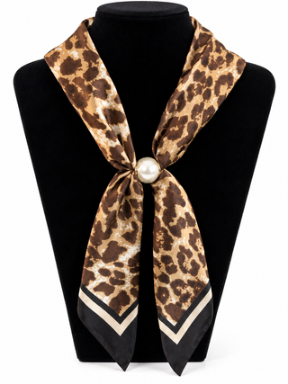 Leopard Print Satin Scarf with Faux Pearl Magnetic Closure