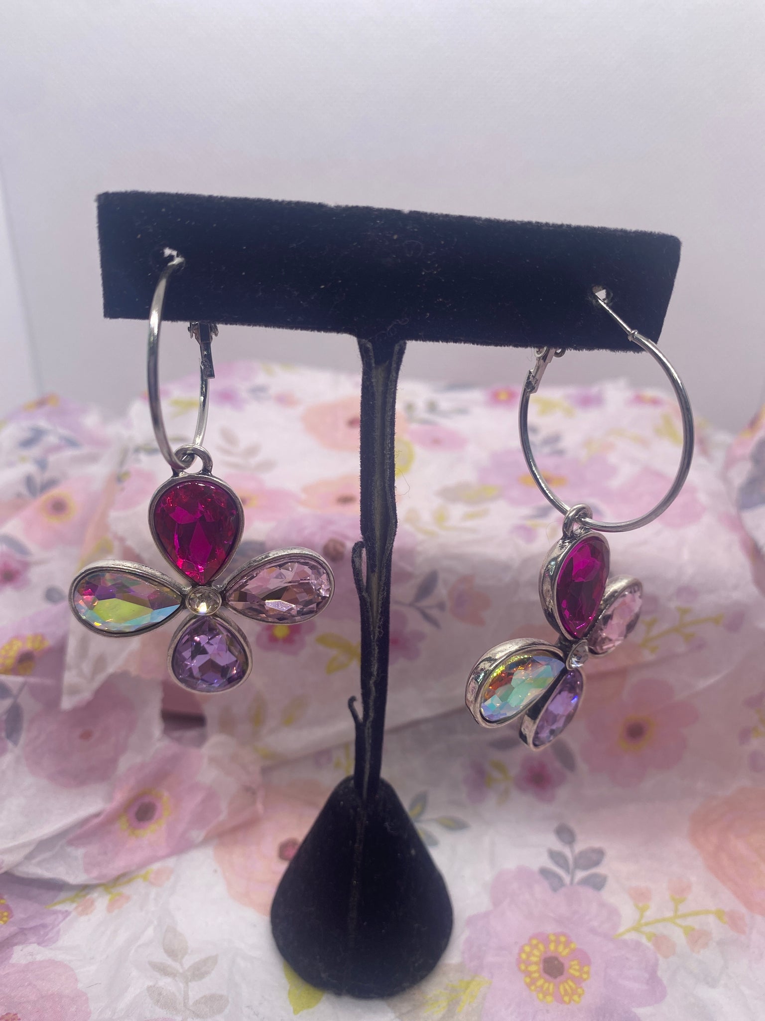 Clear Pink Purple Fuschia Crystal Flower Hoop Earring