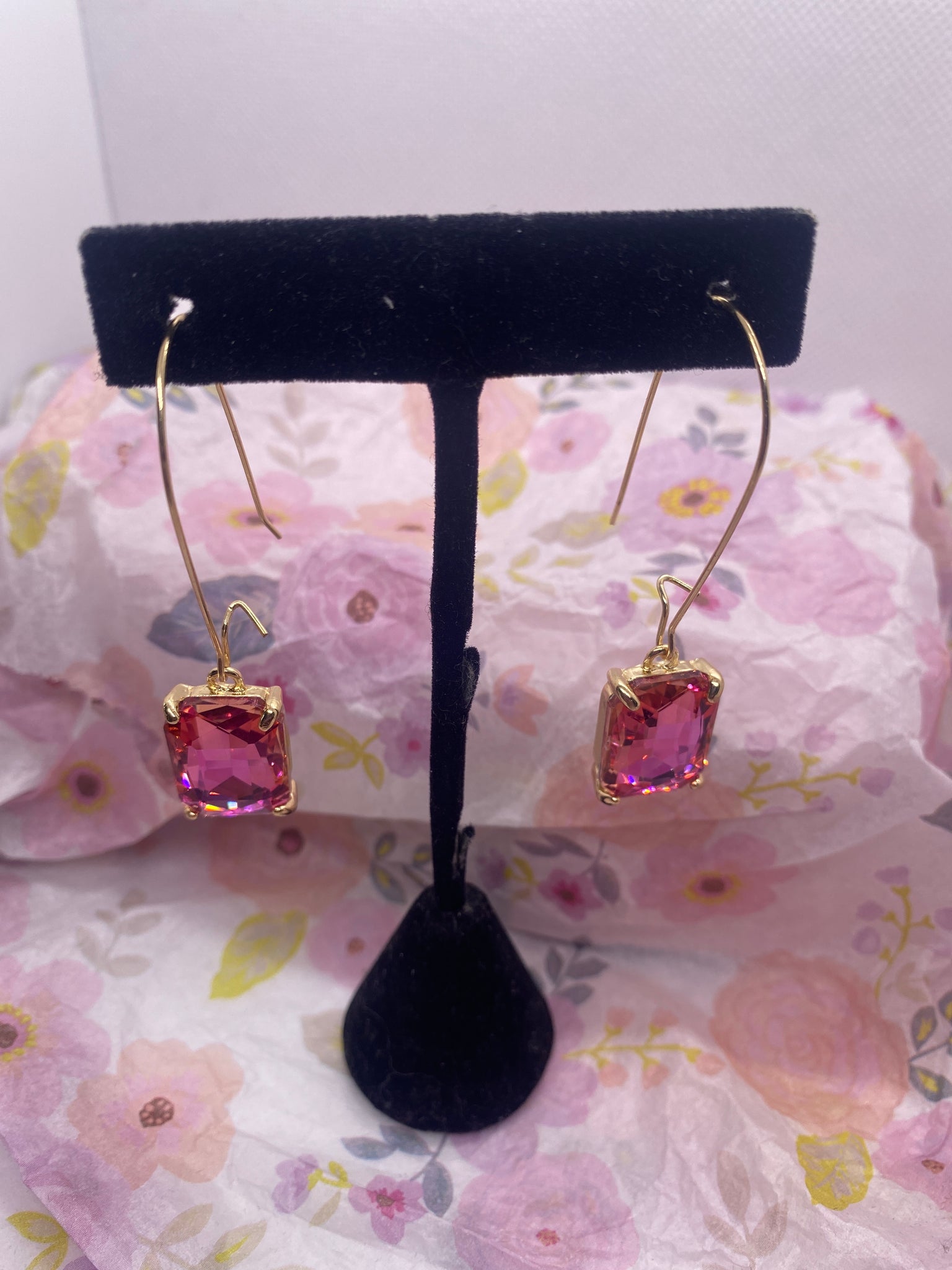 Fuschia Rectangle Crystal Earrings