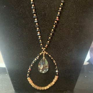 Gold Tone Square Beads Black Beads Crystal Tear drop 18 inch Necklace