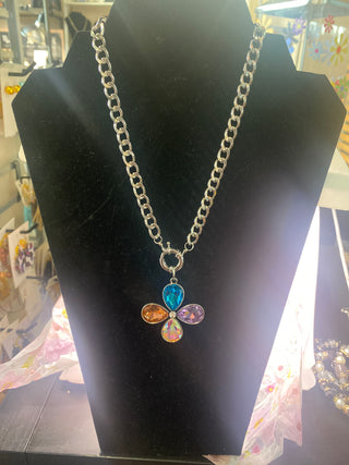 Single Rhinestone Flower Charm Necklace Clear Yellow Blue Purple