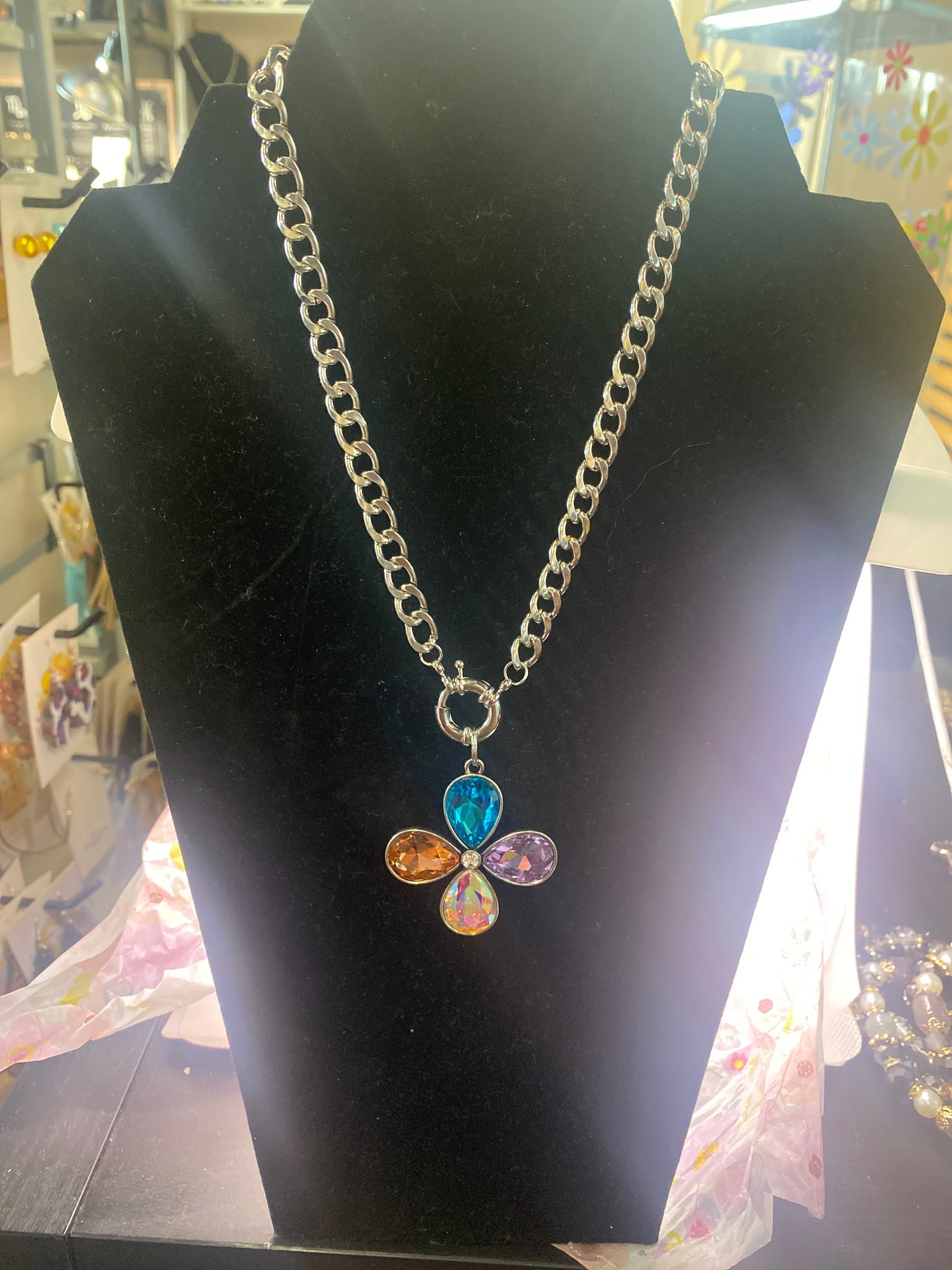 Single Rhinestone Flower Charm Necklace Clear Yellow Blue Purple