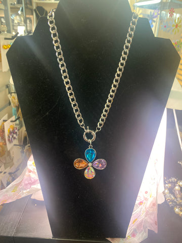 Single Rhinestone Flower Charm Necklace Clear Yellow Blue Purple