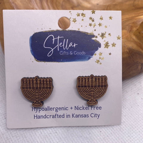 Hanukkah Menorah Wood Post Earrings