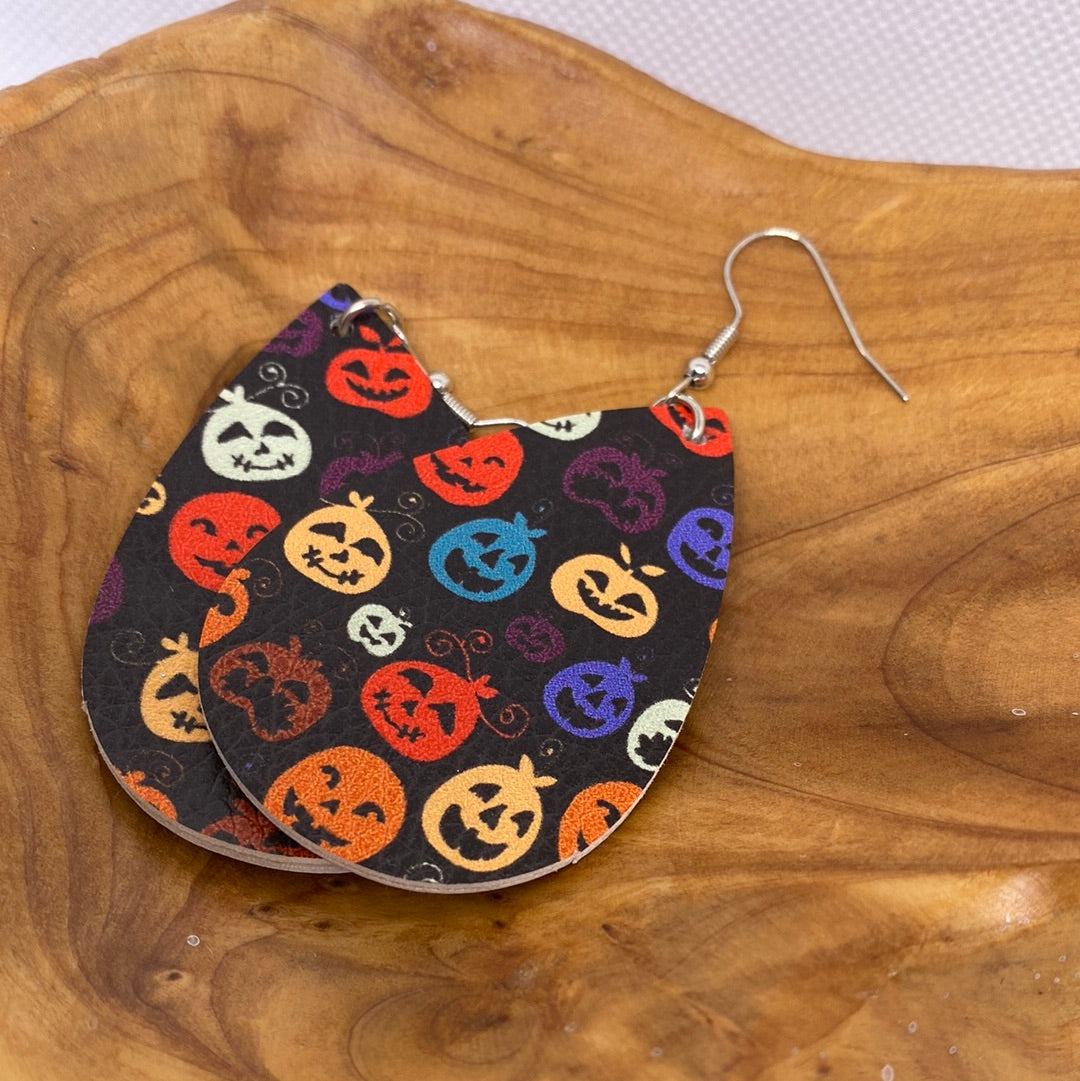 Black Base Multi Color Pumpkins Halloween Lightweight Teardrop Earrings