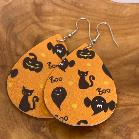 Orange Base Kitty Cat Boo Halloween Lightweight Teardrop Earrings