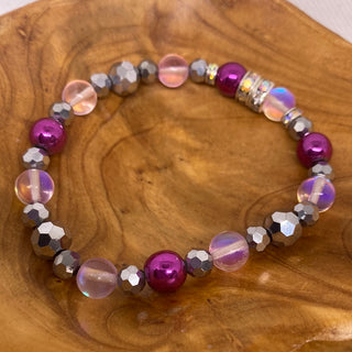 Fuchsia Grey Clear Stones Stretch Bead Bracelet