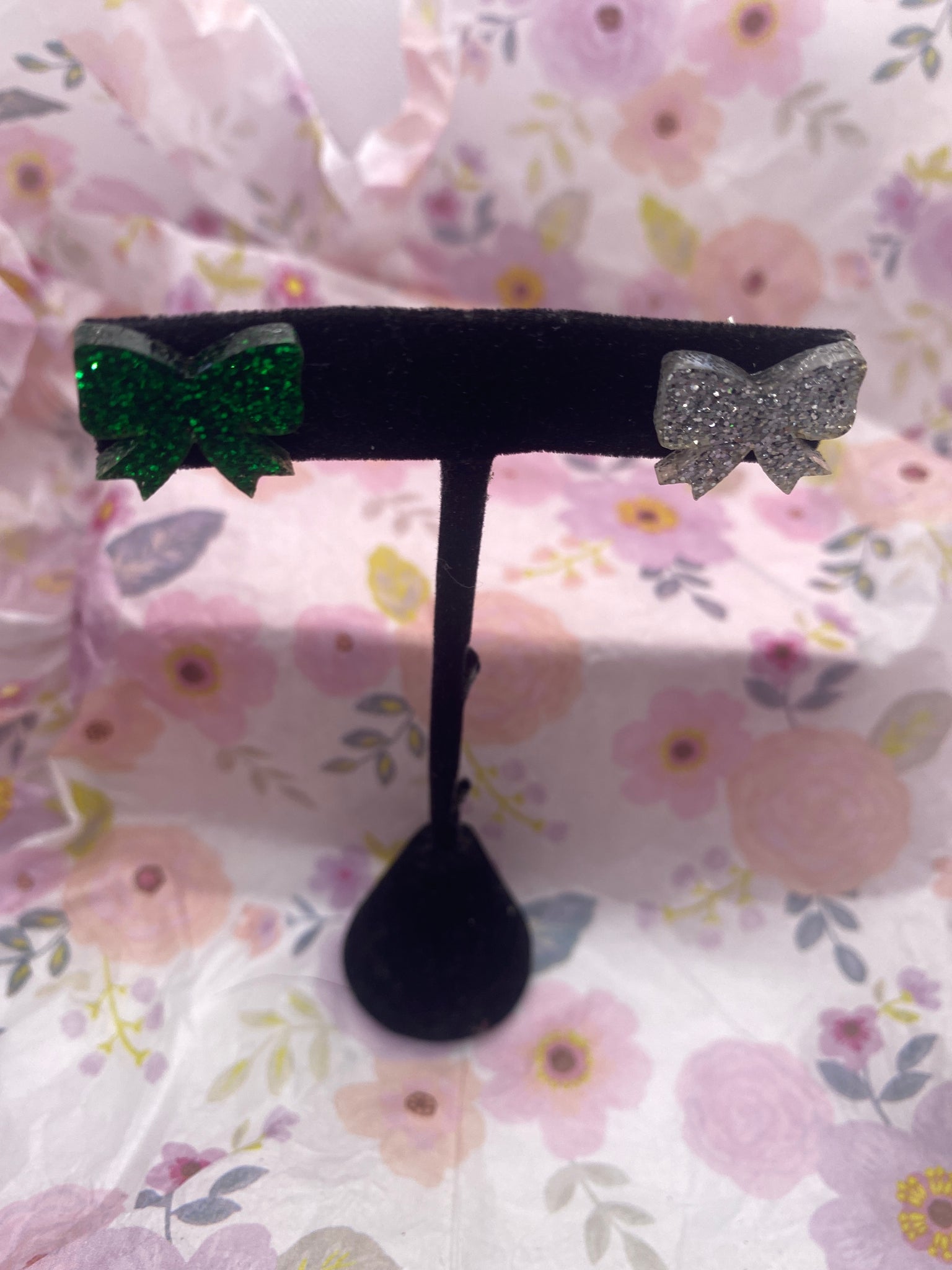 Green White Glitter Bow Earrings