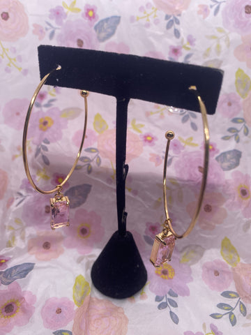 Pink Rectangle Stone Gold Tone Hoop Earring