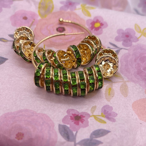 Green Gold Rhinestone Hoop Earrings