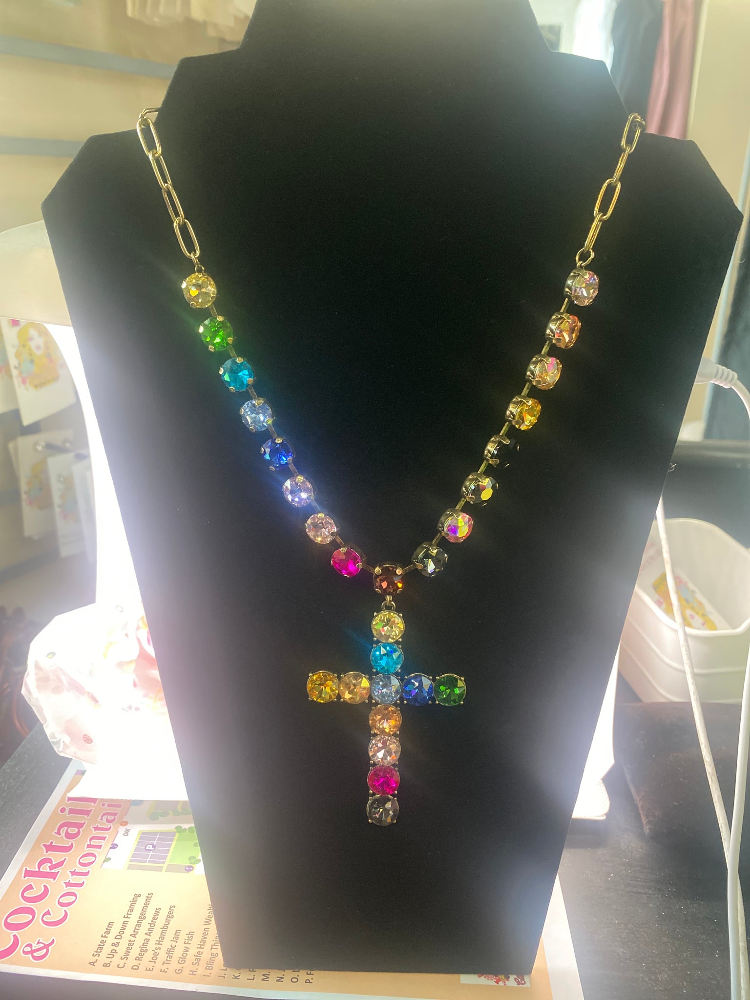 Multi Color Crystal Necklace w 3 inch Cross Gold Tone Base